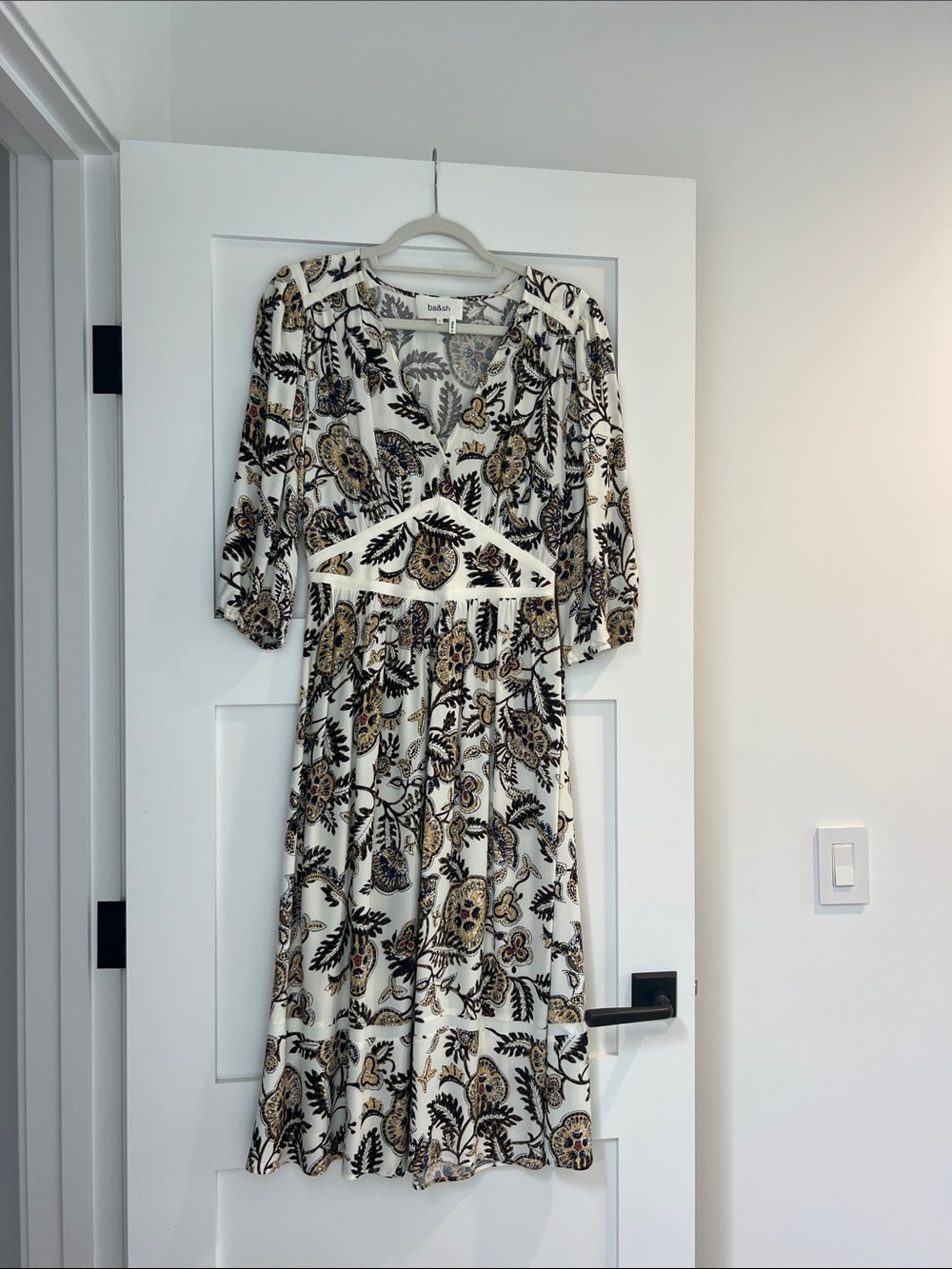 ba&sh White Paisley-Print Midi Dress with Black & Gold Accents